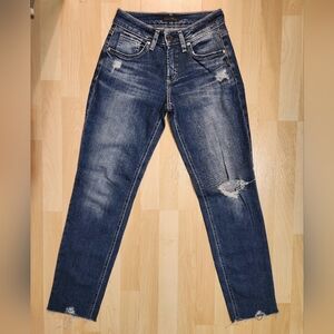 Silver Boyfriend Jeans Dark Wash Distressed Denim Faded Raw Hem Womens Size 24